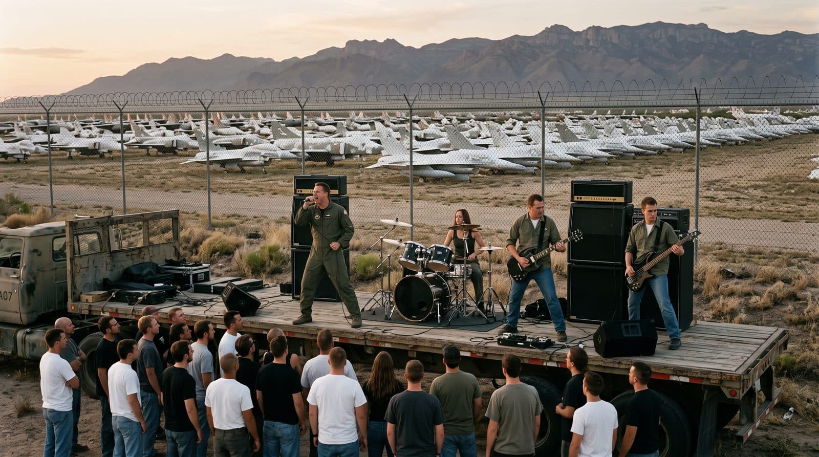 The band performing outside the boneyard fence